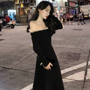 Mùa thu 2018 mới thon lưới ren từ vai váy nhỏ váy đen eo dài áo dài quần áo nữ