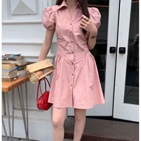 Летнее платье, элегантная юбка, приталенный корсет, рубашка, французский стиль, воротник поло, рукава фонарики, подходит для подростков, А-силуэт