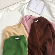 RENA khuyên cô gái sức sống màu sắc kết cấu tốt thỏ cashmere cơ sở màu rắn hoang dã cổ tròn đan áo len đáy áo