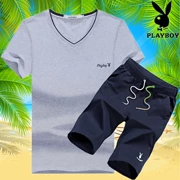 Playboy thể thao phù hợp với nam giới mùa hè mới ngắn- tay v- cổ t- shirt năm điểm quần short bông giản dị quần áo của nam giới
