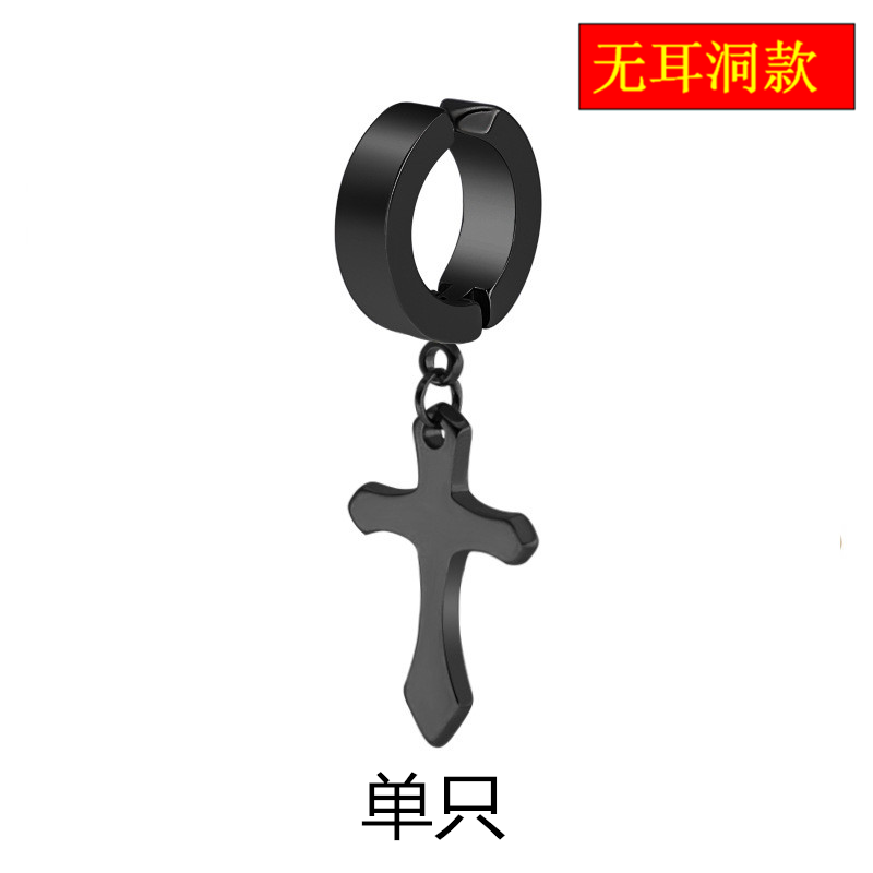 Cross Black Single No Ear Holethe republic of korea Trendy man Single Ear Studs female Hip hop Ear clip No ear hole Titanium steel fashion Anti allergy Cold wind Earrings free shipping