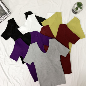 Mùa xuân và mùa hè mới đơn giản hoang dã ngắn tay V-Cổ áo len của phụ nữ đầu T-Shirt đáy áo rắn màu Slim áo sơ mi sinh viên