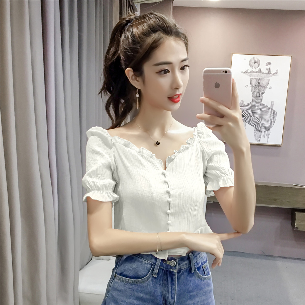 845实拍甜美小清新夏装chic 泡泡短袖排扣木耳边露肚脐雪纺衬衣女