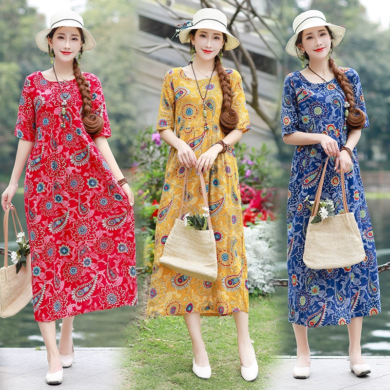 Mùa hè phong cách dân tộc mới cộng với kích thước của phụ nữ văn học cổ điển váy dài giữa dài tay ngắn tay ngắn bằng vải lanh và váy mỏng - Váy dài