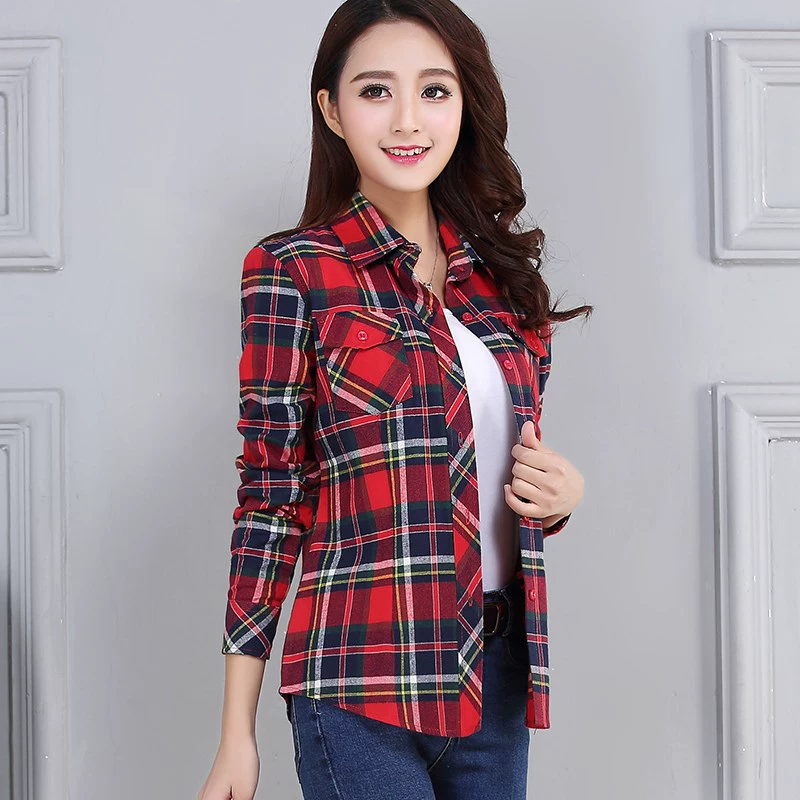 Áo sơ mi cotton crepe de chine 2019 mùa xuân mới kết cấu cotton lụa áo sơ mi nữ in kẻ sọc dài tay áo sơ mi - Áo sơ mi