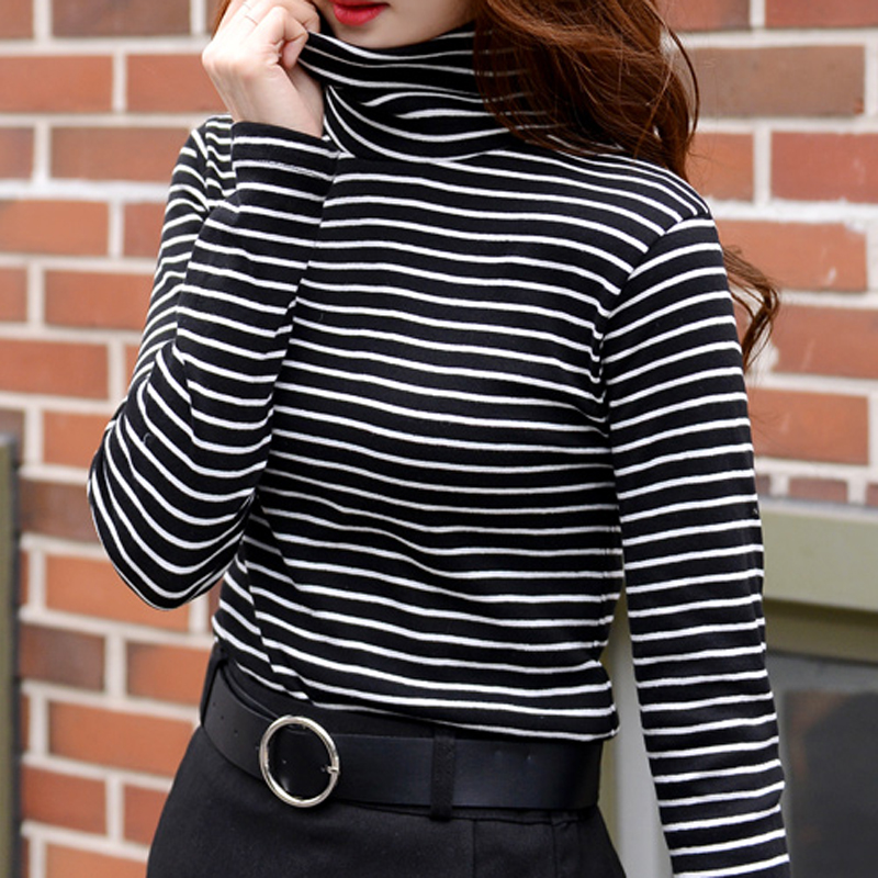 高领条纹打底衫女长袖纯棉2018春秋韩版显瘦黑白条t恤女内搭上衣