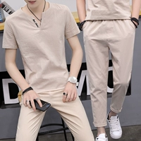 2018 mùa xuân và mùa hè phần mỏng chín quần phù hợp với nam Hàn Quốc phiên bản của giả cotton và linen V-Cổ ngắn tay t-shirt thanh niên giả linen triều quần thể dục