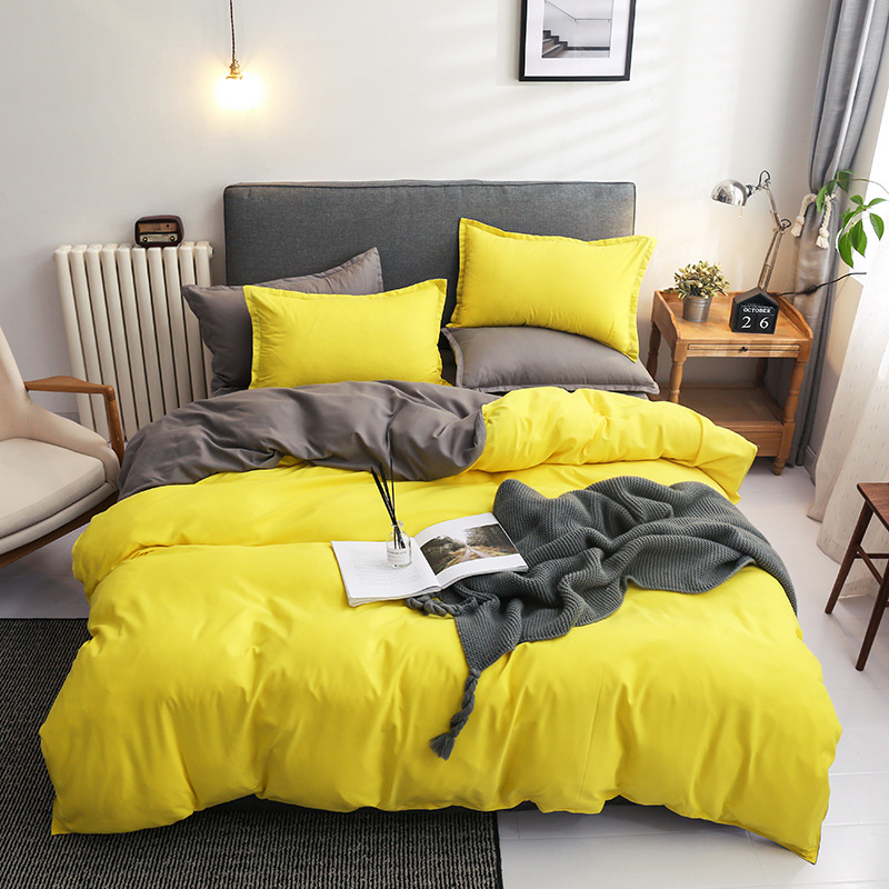 Lemon YellowCottonBedsheetssetquiltcoverpillowcasebedding4sets