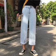 Jeans đầu mùa thu mới của Hàn Quốc phụ nữ cao eo là mỏng chín điểm thẳng quần hoang dã lỏng ánh sáng màu quần âu phụ nữ