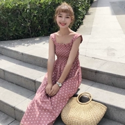 2018 mùa hè mới Hàn Quốc phiên bản của retro sóng điểm vuông dây đeo cổ áo đầm nếp gấp eo cao là mỏng váy giản dị phụ nữ