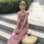 2018 mùa hè mới Hàn Quốc phiên bản của retro sóng điểm vuông dây đeo cổ áo đầm nếp gấp eo cao là mỏng váy giản dị phụ nữ 	váy cut eo