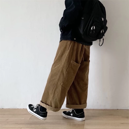 Мужские японские ретро вельветовые штаны, повседневные брюки, свободный прямой крой, в американском стиле