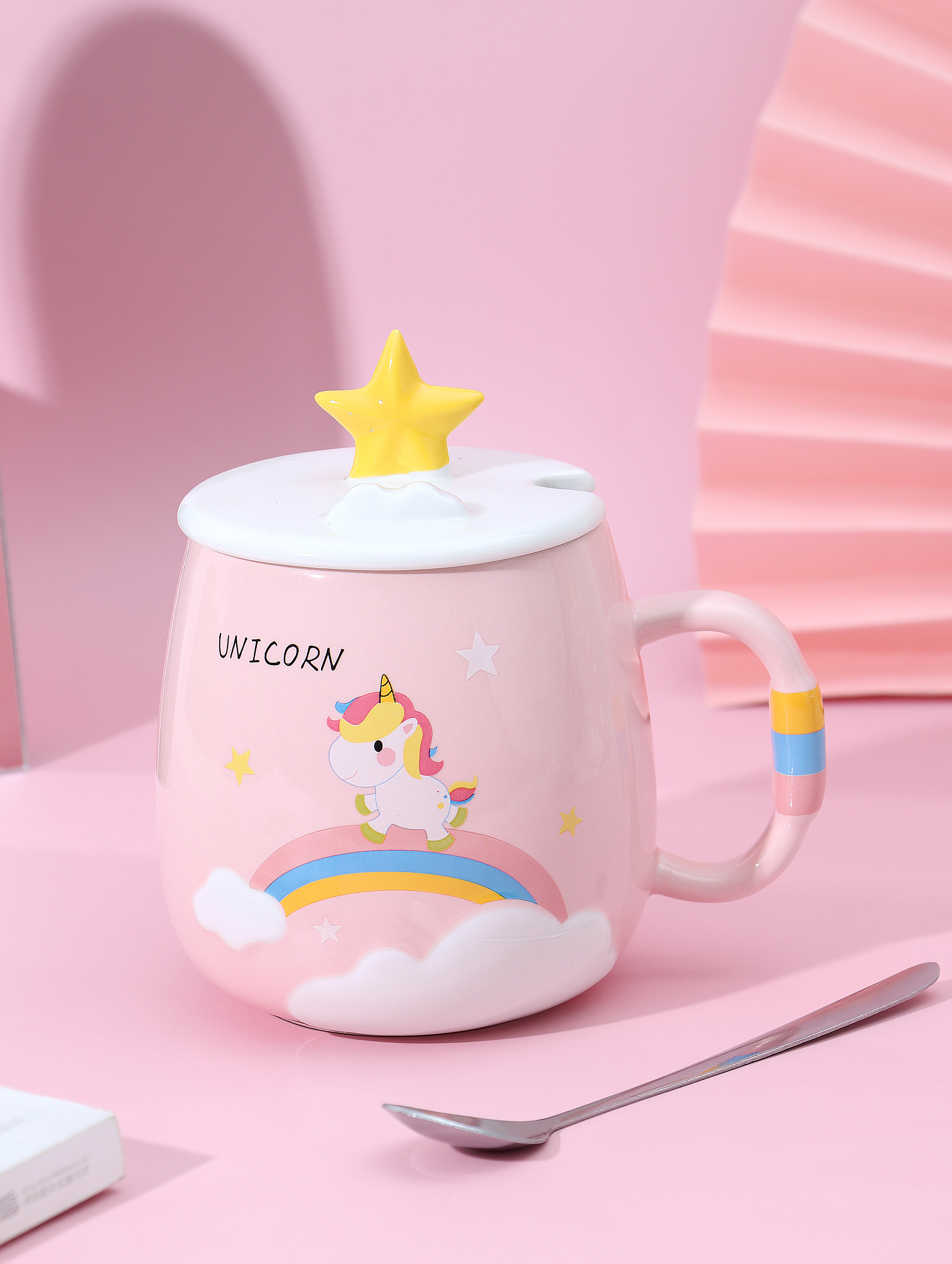 Unicorn & Pink & UnicornCartoon ceramics Girlish heart unicorn Mug Water cup female With cover originality trend office lovers powder Unicorn