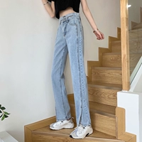 Джинсовые джинсы, осенние демисезонные тонкие дизайнерские штаны, высокая талия, коллекция 2021, тренд сезона, свободный прямой крой