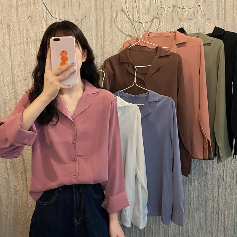 แฟชั่นฤดูใบไม้ร่วง เสื้อเชิ้ตแขนยาวสุภาพสตรีสไตล์ย้อนยุค ใหม่2020 เก๋ไก๋ใส่สบายๆ เสื้อเชิ้ตฟรีไซส์ 秋季复古气质长袖衬衫女2020新款chic宽松休闲垂感外穿上衣ins潮 แฟชั่นฤดูใบไม้ร่วง เสื้อเชิ้ตแขนยาวสุภาพสตรีสไตล์ย้อนยุค ใหม่2020 เก๋ไก๋ใส่สบายๆ เสื้อเชิ้ตฟรีไซส์
