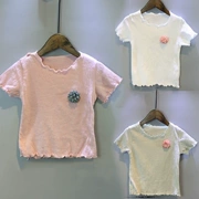 Trẻ em ngắn tay T-Shirt 2018 cô gái mùa hè mới trẻ em Hàn Quốc của quần áo hoa bằng gỗ tai đáy ngắn tay t-shirt hoang dã