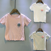 Trẻ em ngắn tay T-Shirt 2018 cô gái mùa hè mới trẻ em Hàn Quốc của quần áo hoa bằng gỗ tai đáy ngắn tay t-shirt hoang dã ao thun coc tay be trai