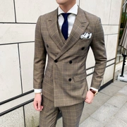 Mùa thu và mùa đông nước Anh kẻ sọc phù hợp với nam phù hợp với chú rể phù hợp với đám cưới phù hợp với phiên bản Hàn Quốc của chủ nhà tự canh trang phục ba mảnh - Suit phù hợp