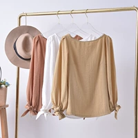 G ¥ 10 Mùa Hè 2018 Mới của Hàn Quốc Phụ Nữ Thời Trang Màu Rắn Dài Tay Cao Cổ Top Wide Cổ Loose Áo Sơ Mi Nữ áo sơ mi kaki