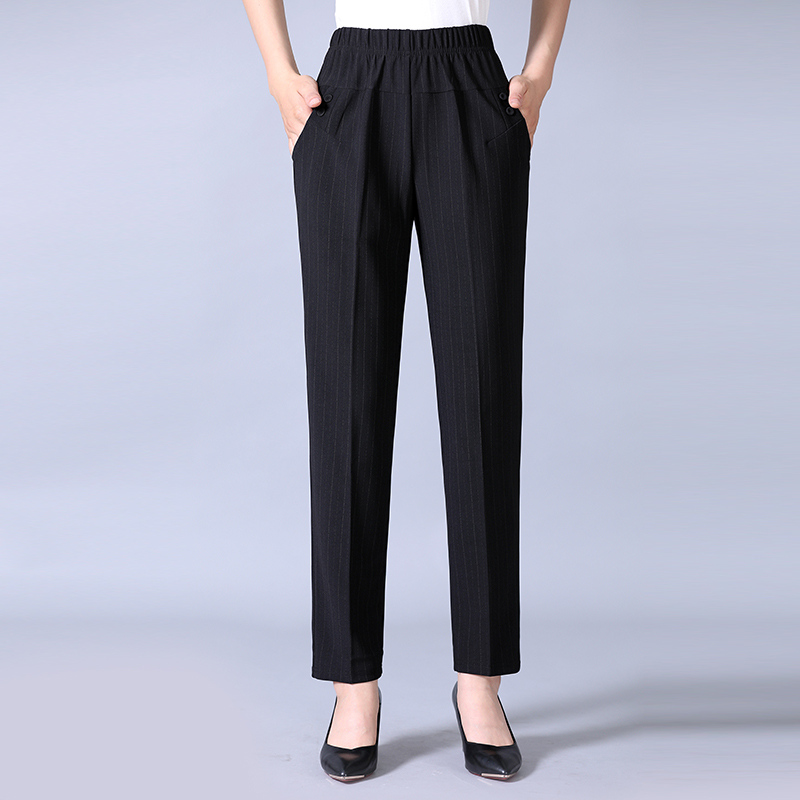Pinstripe [Spring And Autumn]Middle aged and elderly Women's trousers Autumn and winter Elastic waist High waist Plush thickening easy Wear out keep warm trousers old age mom trousers