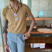 Anh mùa hè đan mỏng phần ve áo ngắn tay áo polo thời trang Hàn Quốc thanh niên giản dị chạm đáy áo thun - Polo áo thun nam polo