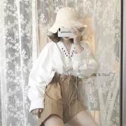Hàn quốc retro chic gió hoang dã của phụ nữ dây đeo V-Cổ dài tay áo + cao eo là mỏng strapped wide leg shorts triều