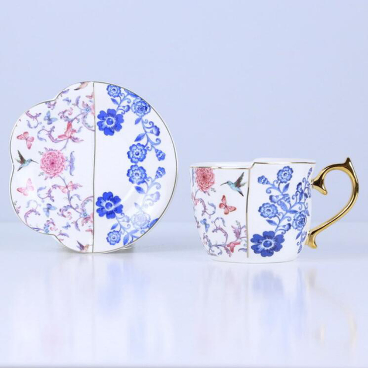 FBlue and white Export britain afternoon tea Cup set coffee cup teacup chinese and western Irregular Ceramic cup