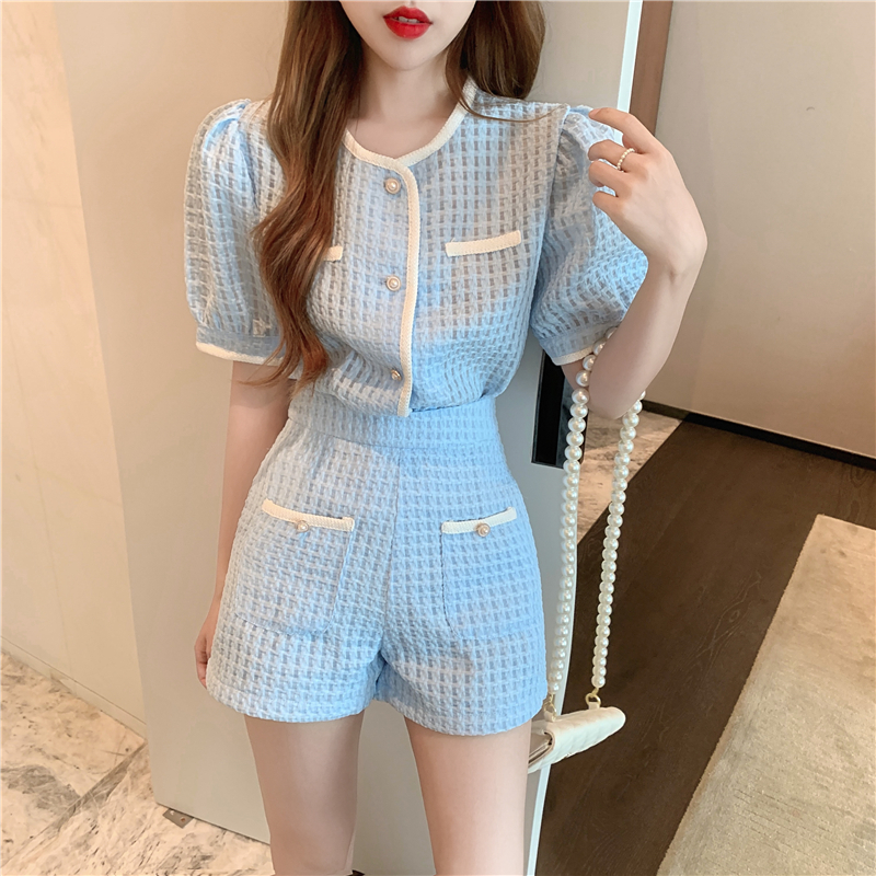 Blue TopRoyal sister model suit female summer 2021 new pattern Celebrity style Age reduction jacket High waist Show thin Broad legs shorts Two piece set