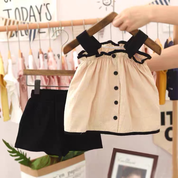 Rice WhiteChildren's wear 2021 summer new pattern children lattice suit girl baby Foreign style wing Halter tops shorts Two piece set