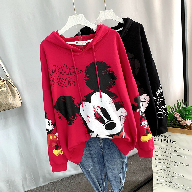 Rose RedHooded Sweater Cartoon autumn new pattern female tide ins Port style easy bf Lazy wind jacket Long sleeve student Condom