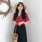 Hàn quốc phiên bản của chic retro phong cách red dot ngắn tay áo V-Cổ áo + phần dài cao eo váy phù hợp với nữ mùa hè