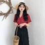 Hàn quốc phiên bản của chic retro phong cách red dot ngắn tay áo V-Cổ áo + phần dài cao eo váy phù hợp với nữ mùa hè thời trang nữ 2021
