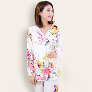 Mùa hè mẹ cotton lụa dài tay đồ ngủ của phụ nữ phần mỏng cotton thoáng khí lụa tháng quần áo cotton nhân tạo hai mảnh phù hợp với có thể được đeo