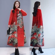 Áo gió retro nữ dài cộng với cotton 2018 mùa đông mới khóa thời trang dày in áo khoác nhung hươu quốc gia