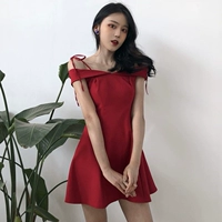 Thời trang khí cổ áo sexy quây A-Line váy triều mùa hè mới hoang dã cao eo slim slimming dress mẫu váy suông chữ a