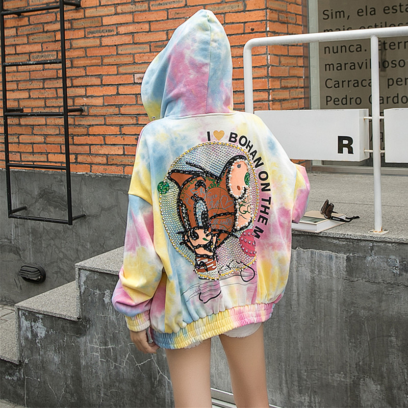 Candy Coatthe republic of korea Dongdaemun 2021 spring and autumn new pattern pinkycolor  Cartoon Sequins Nail bead Hooded easy Big size Long sleeve loose coat
