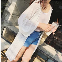 Hàn quốc phiên bản của ren voan cardigan của phụ nữ phần dài áo khoác mỏng dài tay lưới áo sơ mi khăn choàng bãi biển kem chống nắng quần áo bên ngoài mất áo sơ mi loang màu