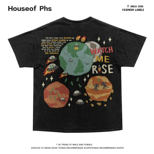 Вымыть и сделать старый ретро -европейский и американский цвет, ведущий писем, печатает с короткой грейпфрутом мужчины и женщины BF Wind Негабаритная пара High Street T 侐