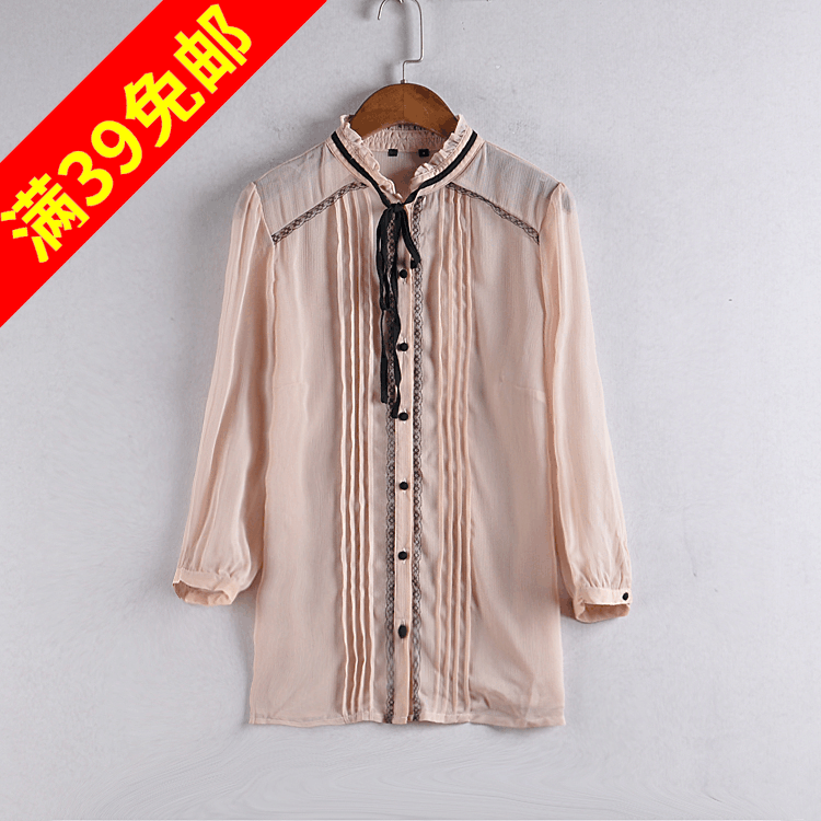 Áo sơ mi nữ han fan li cổ áo bảy điểm tay áo voan áo mùa hè Hàn Quốc phiên bản của hoang dã lỏng ren áo sơ mi ngắn tay