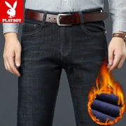 Quần jean nam mùa đông Playboy cộng với quần nhung nam lỏng lẻo quần nam thẳng quần dày