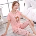 Bộ đồ ngủ nữ mùa hè cotton ngắn tay bảy quần sinh viên hai mảnh phiên bản Hàn Quốc dễ thương có thể mặc mùa hè dịch vụ gia đình mỏng Giống cái