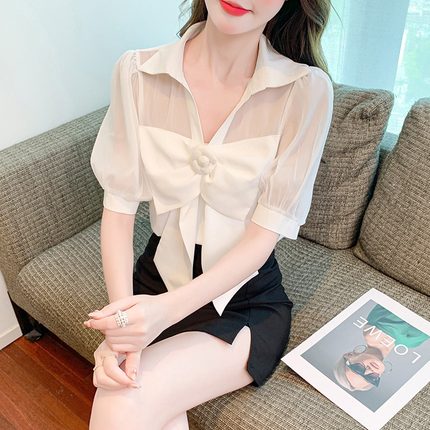 婦人服2022夏新型韓国版百合リボン半袖シャツ痩せ見えトップスデザイン感小人数シャツ