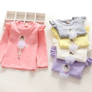 Phiên bản Hàn Quốc của áo sơ mi dài tay cotton của cô gái Quần áo trẻ em lớn mùa xuân và mùa thu cổ cô gái áo sơ mi mỏng tay áo thun