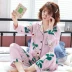 Bộ đồ ngủ mùa xuân và mùa hè của phụ nữ mỏng phần dài tay cotton lụa ngọt ngào cardigan cotton nhân tạo cotton nữ điều hòa không khí nhà quần áo tháng - Pyjama bộ thu đông nữ Pyjama