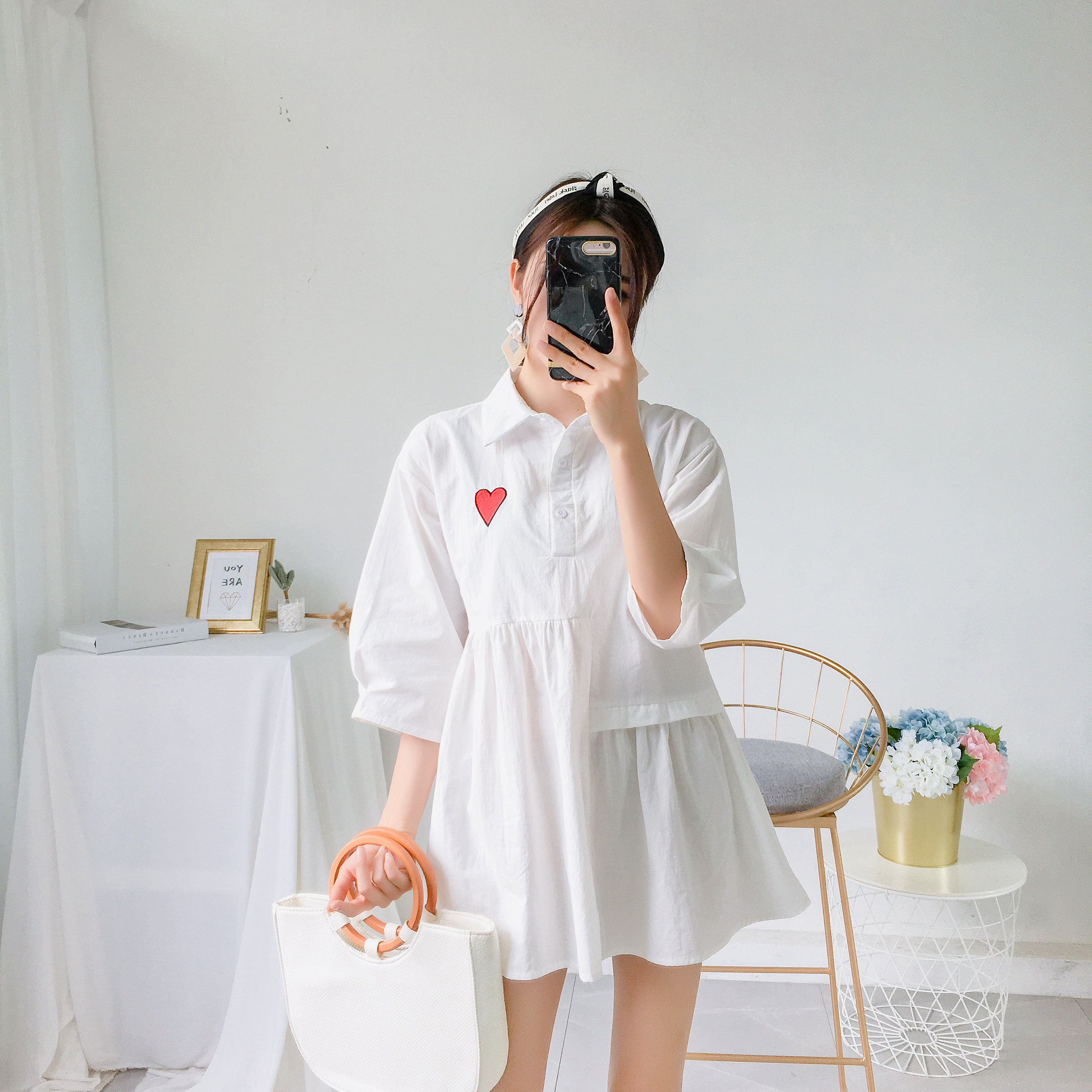 实拍可爱少女衬衫中长款软妹裙日系娃娃裙爱心刺绣宽松长袖连衣裙