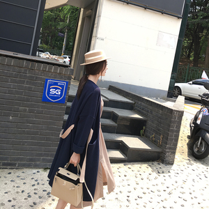 Xia Shiwen tùy chỉnh màu sắc tương phản tie eo knit cardigan phụ nữ mùa thu 慵 gió lười lỏng áo len dài phần