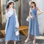 Phụ nữ mang thai mùa hè 2018 mới dài tay thai sản váy hai mảnh thời trang lỏng váy mùa hè thời trang váy áo bà bầu mùa đông