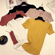 Pit vòng cổ ngắn tay áo len mỏng của phụ nữ đầu mùa thu mới của Hàn Quốc phiên bản của chic khí áo thun áo sơ mi chặt chẽ T-Shirt