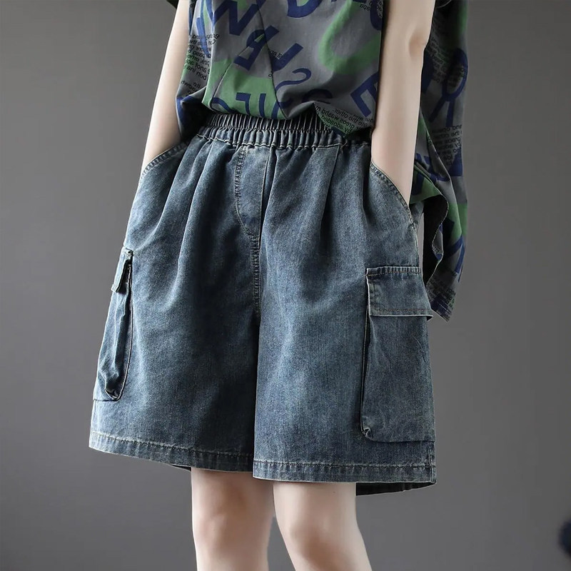 Cintura elástica bolsillos grandes pierna ancha pantalones vaqueros de cinco puntos mujeres slim verano nuevo 2022 retro pantalones holgados medio
