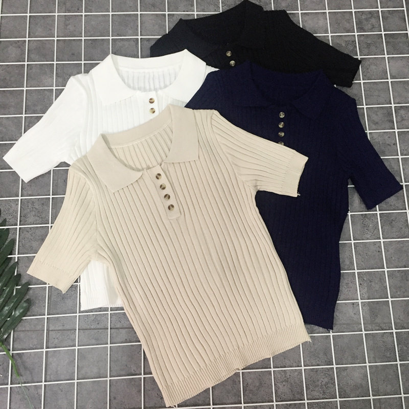 Của phụ nữ ngắn tay áo Hàn Quốc mùa xuân 2018 sinh viên bó sát V-Cổ knit polo shirt retro Hồng Kông hương vị T-Shirt